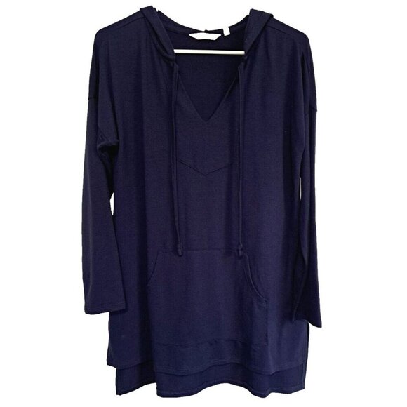 Soft Surroundings S Navy Blue Long Sleeve "Mills" Hoodie Kangaroo Pocket Tunic - Picture 2 of 7
